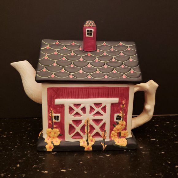 RARE Sakura Warren Kimble Red Barn Teapot Farmhouse Hand Painted Vintage kitschy - Picture 1 of 8